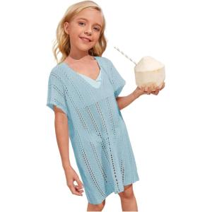 imageSOLY HUX Girls V Neck Crochet Short Sleeve Beach Dress Summer Swimsuit Bikini Cover UpSolid Blue
