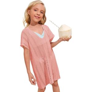 imageSOLY HUX Girls V Neck Crochet Short Sleeve Beach Dress Summer Swimsuit Bikini Cover UpSolid Coral Pink