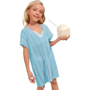 imageSOLY HUX Girls V Neck Crochet Short Sleeve Beach Dress Summer Swimsuit Bikini Cover UpSolid Dusty Blue