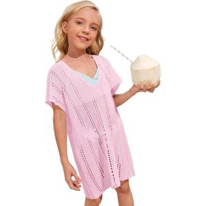 imageSOLY HUX Girls V Neck Crochet Short Sleeve Beach Dress Summer Swimsuit Bikini Cover UpSolid Light Pink