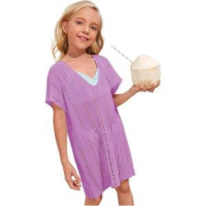 imageSOLY HUX Girls V Neck Crochet Short Sleeve Beach Dress Summer Swimsuit Bikini Cover UpSolid Mauve Purple