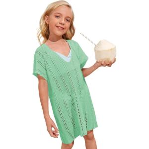 imageSOLY HUX Girls V Neck Crochet Short Sleeve Beach Dress Summer Swimsuit Bikini Cover UpSolid Mint Green