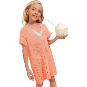 imageSOLY HUX Girls V Neck Crochet Short Sleeve Beach Dress Summer Swimsuit Bikini Cover UpSolid Orange