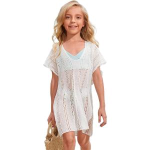 imageSOLY HUX Girls V Neck Crochet Short Sleeve Beach Dress Summer Swimsuit Bikini Cover UpWhite Plain