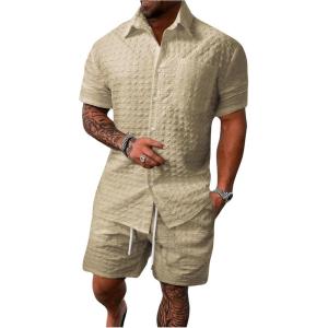 imageSOLY HUX Mens 2 Piece Shorts Sets Casual Beach Outfits Short Sleeve Button Down Hawaiian Shirt SetsPlain Khaki
