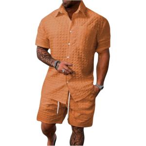 imageSOLY HUX Mens 2 Piece Shorts Sets Casual Beach Outfits Short Sleeve Button Down Hawaiian Shirt SetsPlain Orange