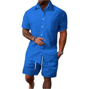 imageSOLY HUX Mens 2 Piece Shorts Sets Casual Beach Outfits Short Sleeve Button Down Hawaiian Shirt SetsPlain Royal Blue