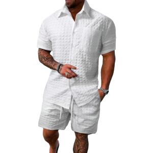imageSOLY HUX Mens 2 Piece Shorts Sets Casual Beach Outfits Short Sleeve Button Down Hawaiian Shirt SetsPlain White