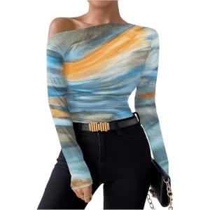 imageSOLY HUX Womens Off The Shoulder Tops Long Sleeve T Shirts Going Out Tops Casual Trendy Ruched Slim Fitted TeesApricot Multi
