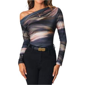 imageSOLY HUX Womens Off The Shoulder Tops Long Sleeve T Shirts Going Out Tops Casual Trendy Ruched Slim Fitted TeesBrown Multi