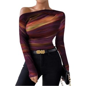 imageSOLY HUX Womens Off The Shoulder Tops Long Sleeve T Shirts Going Out Tops Casual Trendy Ruched Slim Fitted TeesOrange Multi