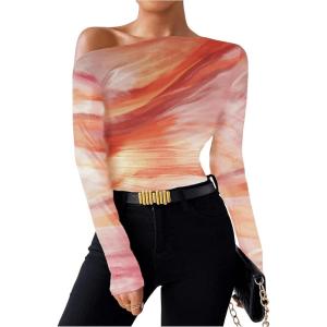 imageSOLY HUX Womens Off The Shoulder Tops Long Sleeve T Shirts Going Out Tops Casual Trendy Ruched Slim Fitted TeesPink Multi