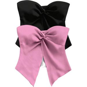 imageSOLY HUX Womens Tube Top Twist Split Hem Strapless Sleeveless Asymmetrical Going Out Crop TopsBlack and Pink
