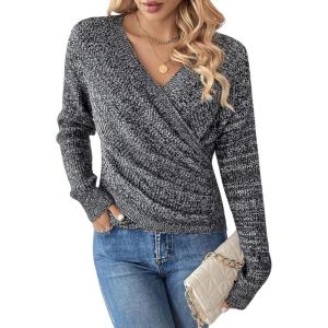 imageSOLY HUX Womens V Neck Long Sleeve Off Shoulder Sweaters Criss Cross Wrap Ruched Pullover Fall TopsBlack and White