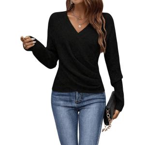 imageSOLY HUX Womens V Neck Long Sleeve Off Shoulder Sweaters Criss Cross Wrap Ruched Pullover Fall TopsPlain Black
