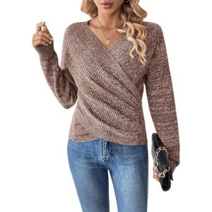 imageSOLY HUX Womens V Neck Long Sleeve Off Shoulder Sweaters Criss Cross Wrap Ruched Pullover Fall TopsPlain Brown