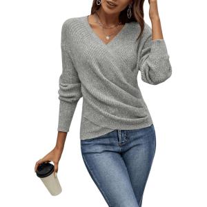 imageSOLY HUX Womens V Neck Long Sleeve Off Shoulder Sweaters Criss Cross Wrap Ruched Pullover Fall TopsPlain Grey