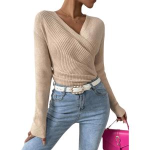imageSOLY HUX Womens V Neck Long Sleeve Off Shoulder Sweaters Criss Cross Wrap Ruched Pullover Fall TopsPlain Khaki
