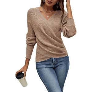 imageSOLY HUX Womens V Neck Long Sleeve Off Shoulder Sweaters Criss Cross Wrap Ruched Pullover Fall TopsPure Camel