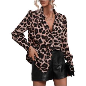 imageSOLY HUX Womens Button Down Shirts Casual Long Sleeve Print Collar V Neck Blouse TopsKhaki Leopard