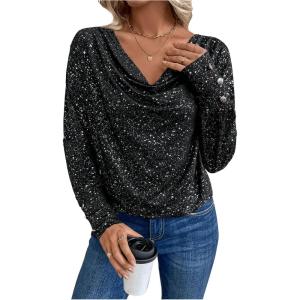 imageSOLY HUX Womens Cowl Neck Ruched Tops Draped Front Long Sleeve Tee T Shirt Teacher Outfits Work TopsBlack Glitter