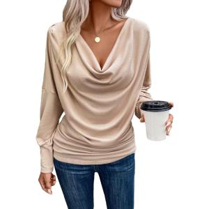 imageSOLY HUX Womens Cowl Neck Ruched Tops Draped Front Long Sleeve Tee T Shirt Teacher Outfits Work TopsPure Apricot