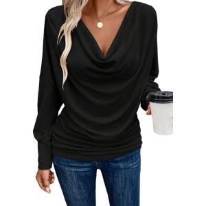 imageSOLY HUX Womens Cowl Neck Ruched Tops Draped Front Long Sleeve Tee T Shirt Teacher Outfits Work TopsPure Black