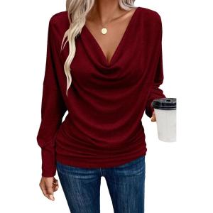 imageSOLY HUX Womens Cowl Neck Ruched Tops Draped Front Long Sleeve Tee T Shirt Teacher Outfits Work TopsPure Burgundy