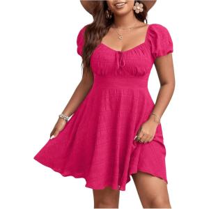 imageSOLY HUX Womens Plus Size Short Sleeve Mini Dress High Waist Summer Dresses Wedding Guest DressHot Pink