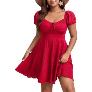 imageSOLY HUX Womens Plus Size Short Sleeve Mini Dress High Waist Summer Dresses Wedding Guest DressPlain Red