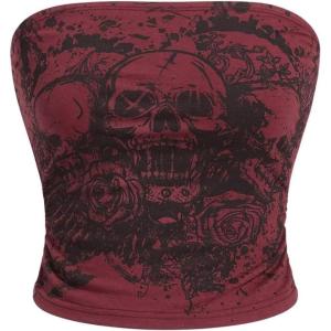 imageSOLY HUX Womens Y2k Goth Tube Crop Top Skull Print Strapless Sleeveless Bandeau TopsBurgundy Skull