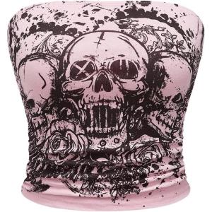 imageSOLY HUX Womens Y2k Goth Tube Crop Top Skull Print Strapless Sleeveless Bandeau TopsLight Pink Skull