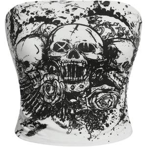 imageSOLY HUX Womens Y2k Goth Tube Crop Top Skull Print Strapless Sleeveless Bandeau TopsWhite Skull