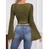 imageSOLY HUX Womens Long Bell Sleeve Tops Mesh Sweetheart Neck Going Out Crop Top Casual Asymmetrical T Shirts TeesPure Army Green