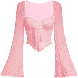 imageSOLY HUX Womens Long Bell Sleeve Tops Mesh Sweetheart Neck Going Out Crop Top Casual Asymmetrical T Shirts TeesLight Pink