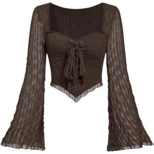 imageSOLY HUX Womens Long Bell Sleeve Tops Mesh Sweetheart Neck Going Out Crop Top Casual Asymmetrical T Shirts TeesPure Brown