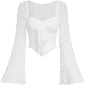 imageSOLY HUX Womens Long Bell Sleeve Tops Mesh Sweetheart Neck Going Out Crop Top Casual Asymmetrical T Shirts TeesPure White