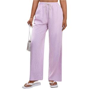 imageSOLY HUX Womens Striped Pants Drawstring High Waisted Wide Leg Long Pants with PocketsPink Striped