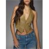 imageSOLY HUX Womens PU Leather Halter Tank Tops Sexy Deep V Neck Asymmetrical Vest Corset Party ClubwearPure Khaki