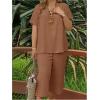 imageSOLY HUX Womens Plus Size 2 Piece Summer Outfits Notched V Neck Short Sleeve Tops and Capris Pants SetPlain Khaki