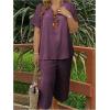 imageSOLY HUX Womens Plus Size 2 Piece Summer Outfits Notched V Neck Short Sleeve Tops and Capris Pants SetPlain Purple