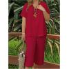 imageSOLY HUX Womens Plus Size 2 Piece Summer Outfits Notched V Neck Short Sleeve Tops and Capris Pants SetPlain Red