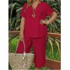 imageSOLY HUX Womens Plus Size 2 Piece Summer Outfits Notched V Neck Short Sleeve Tops and Capris Pants SetPlain Red
