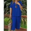 imageSOLY HUX Womens Plus Size 2 Piece Summer Outfits Notched V Neck Short Sleeve Tops and Capris Pants SetPlain Royal Blue