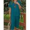 imageSOLY HUX Womens Plus Size 2 Piece Summer Outfits Notched V Neck Short Sleeve Tops and Capris Pants SetPlain Teal Blue