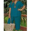 imageSOLY HUX Womens Plus Size 2 Piece Summer Outfits Notched V Neck Short Sleeve Tops and Capris Pants SetPlain Teal Blue