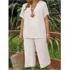 imageSOLY HUX Womens Plus Size 2 Piece Summer Outfits Notched V Neck Short Sleeve Tops and Capris Pants SetPlain White