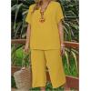 imageSOLY HUX Womens Plus Size 2 Piece Summer Outfits Notched V Neck Short Sleeve Tops and Capris Pants SetPlain Yellow