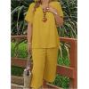 imageSOLY HUX Womens Plus Size 2 Piece Summer Outfits Notched V Neck Short Sleeve Tops and Capris Pants SetPlain Yellow