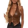 imageSOLY HUX Womens PU Leather Halter Tank Tops Sexy Deep V Neck Asymmetrical Vest Corset Party ClubwearCoffee Brown